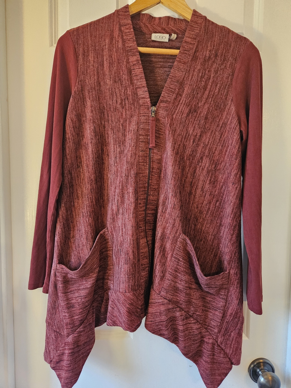 LOGO by Lori Goldstein Burgandy Marled Zip-Front Women's Sweater Hankerchief Hem